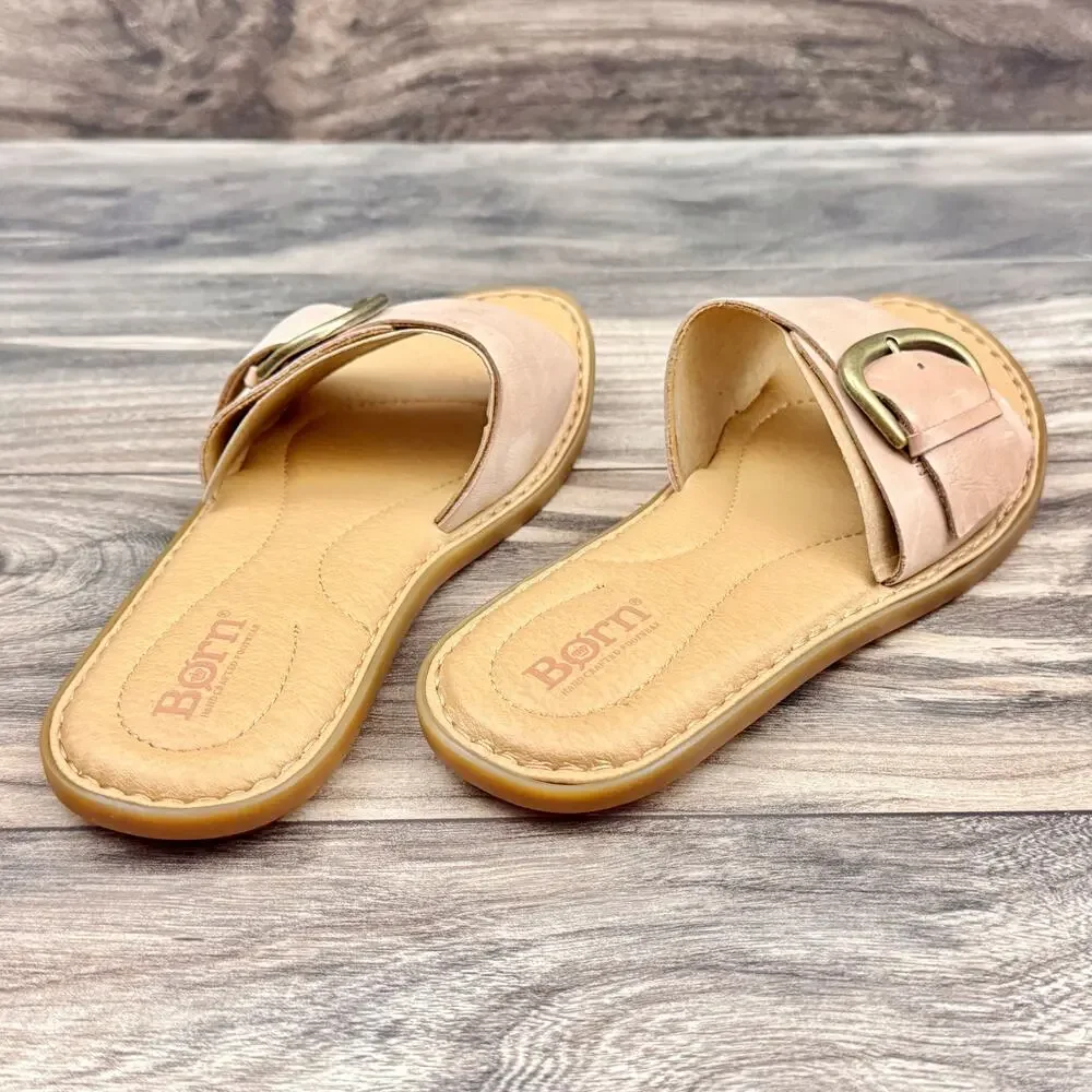 ❌SOLD OUT❌NIB Born Miarra 9M 39-40 Leather Big Buckle Slide Flat Sandals Blush - Picture 5 of 10